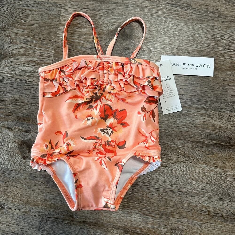 NWT Janie and Jack Girls 6-12 Months Swimsuit One Piece Orange Floral Swim